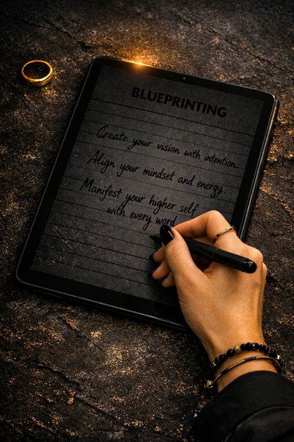 Hand writing on the OBSEDIAN Life Architecture System Starter Edition Blueprinting page on a tablet, with black and gold jewelry on a dark minimalist desk.