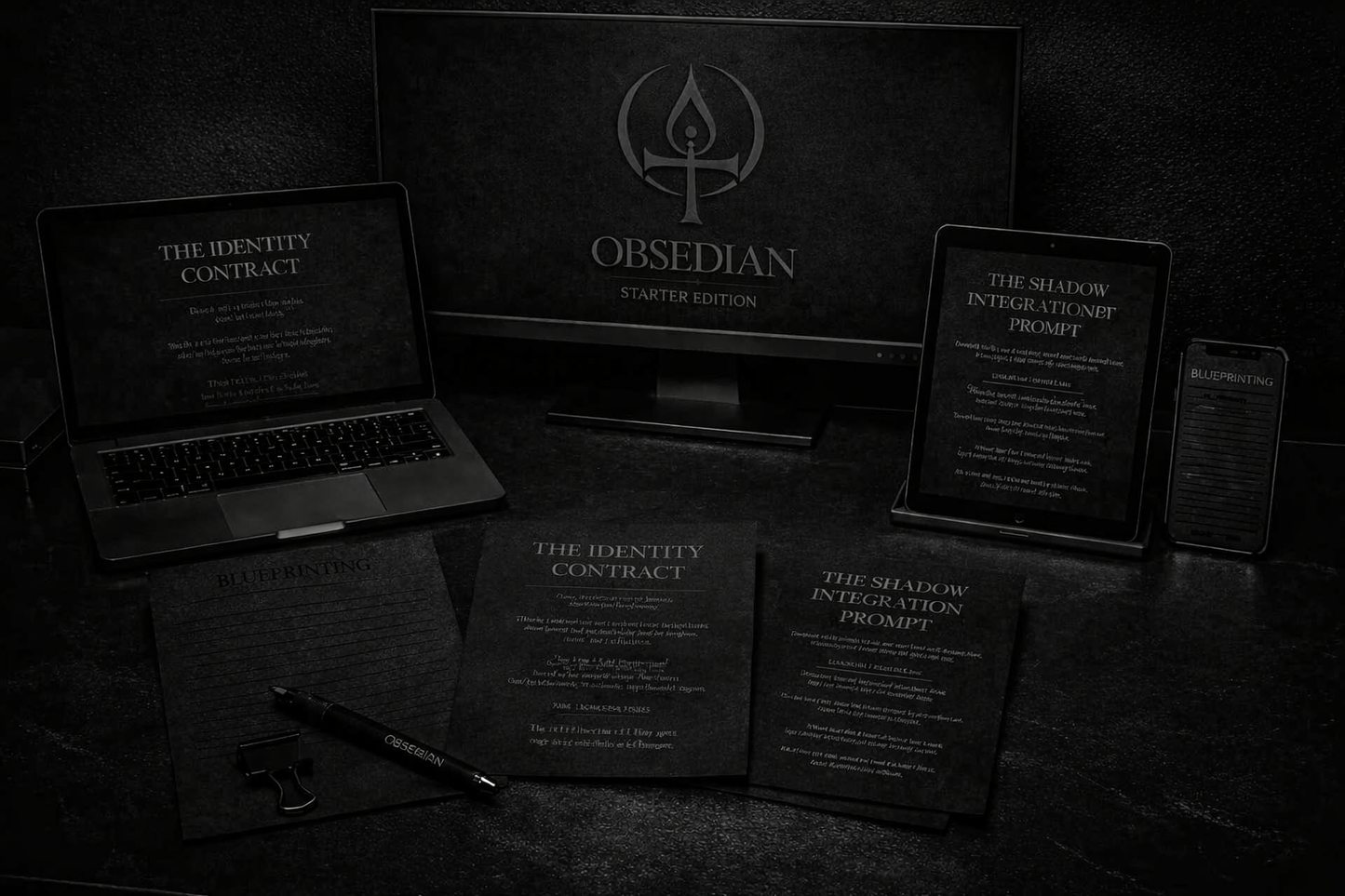 Full workspace spread showing the OBSEDIAN Life Architecture System Starter Edition across multiple devices and printed pages, including Identity Contract, Blueprinting, and Shadow Integration Prompt, arranged on a dark minimalist desk.