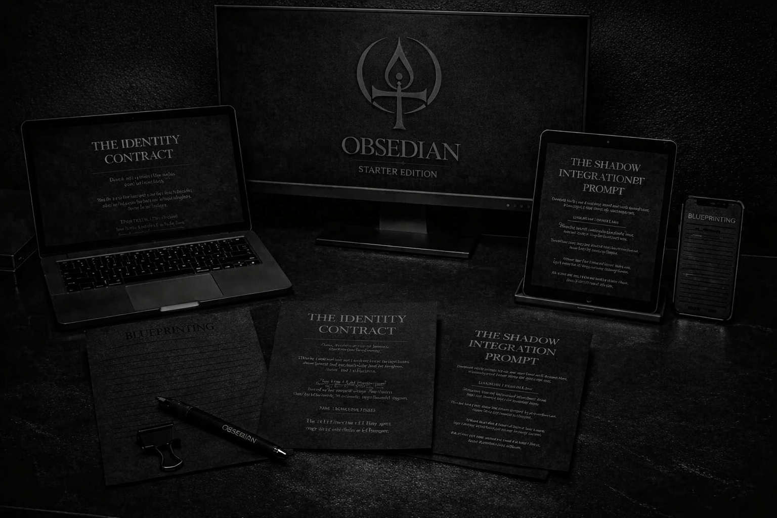 Full workspace spread showing the OBSEDIAN Life Architecture System Starter Edition across multiple devices and printed pages, including Identity Contract, Blueprinting, and Shadow Integration Prompt, arranged on a dark minimalist desk.