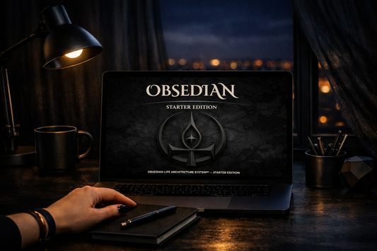 Nighttime workspace with laptop displaying OBSEDIAN Life Architecture System Starter Edition, black desk, warm lamp light, and city lights through sheer curtains.