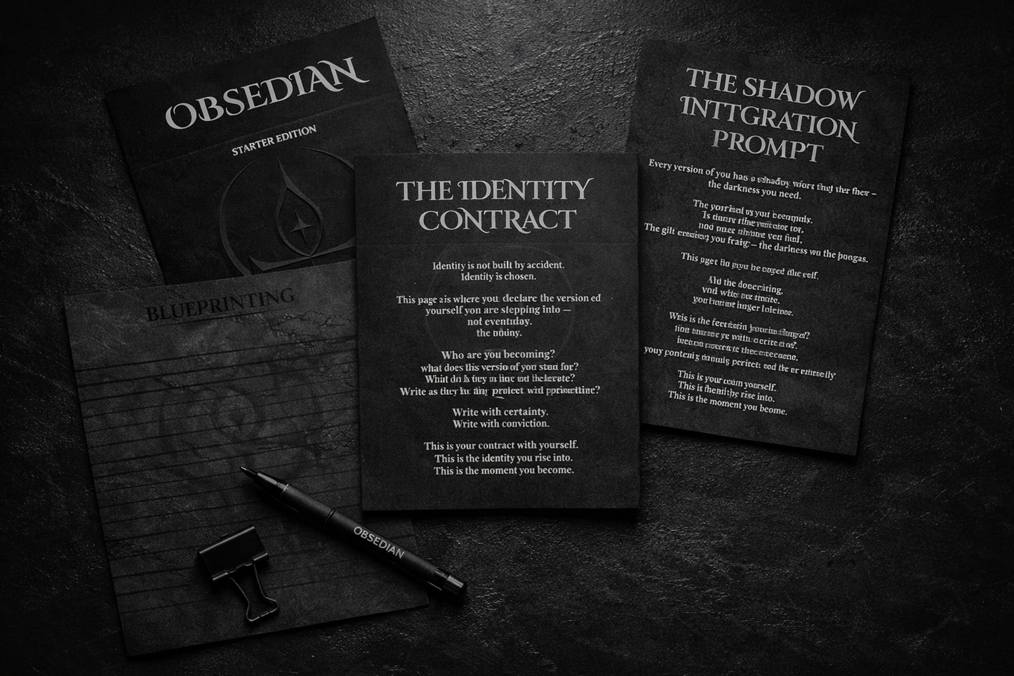 Flat‑lay of OBSEDIAN Life Architecture System Starter Edition pages, including Identity Contract, Blueprinting, and Shadow Integration Prompt, arranged on a black desk with a dark, minimalist aesthetic.