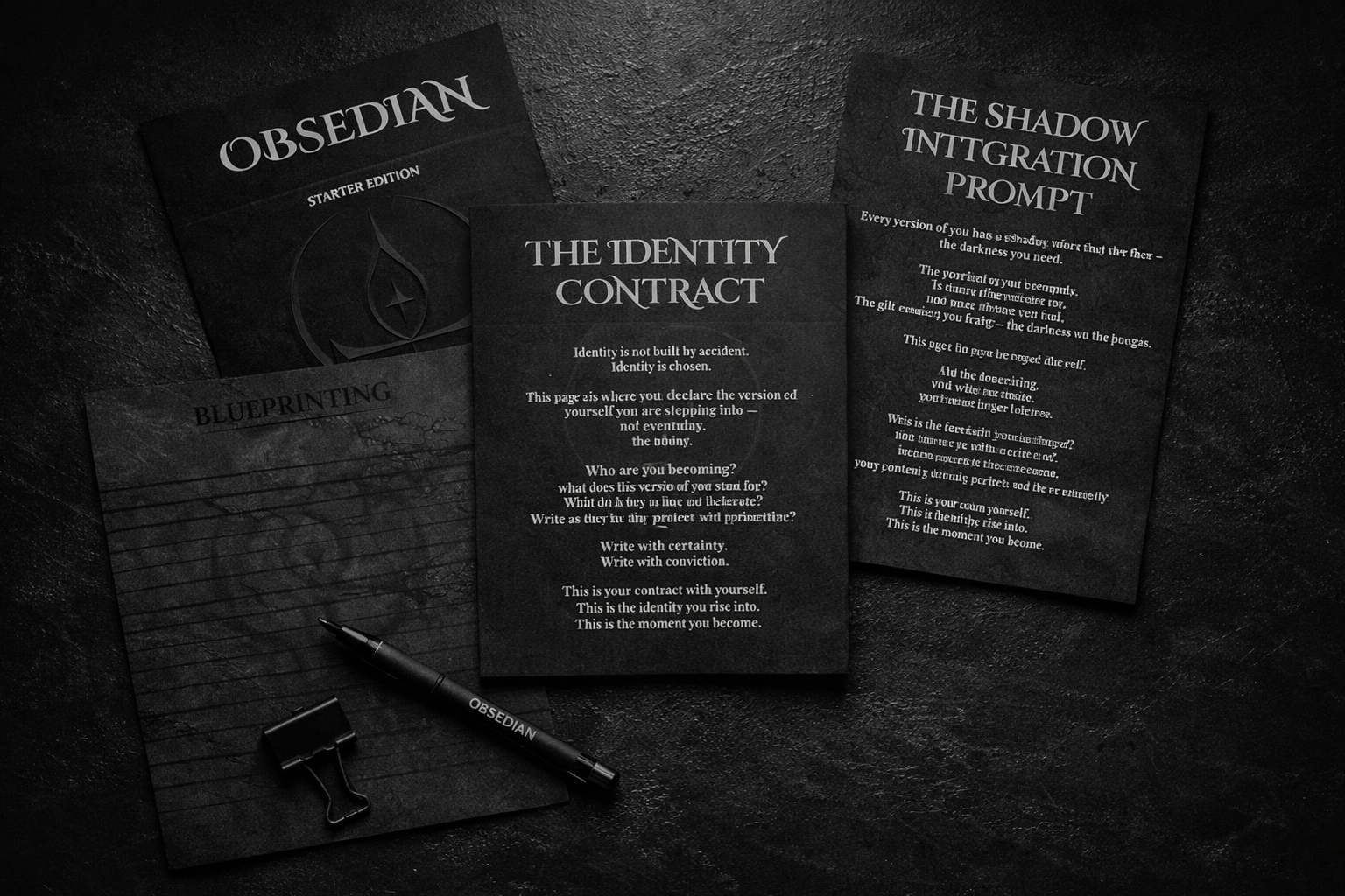 Flat‑lay of OBSEDIAN Life Architecture System Starter Edition pages, including Identity Contract, Blueprinting, and Shadow Integration Prompt, arranged on a black desk with a dark, minimalist aesthetic.